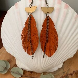 Bohemian Orange Feather Earrings with Geometric Accents